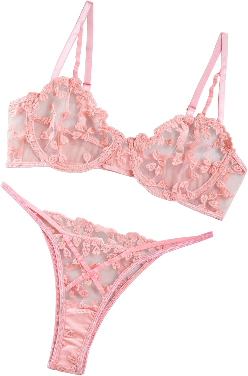 Sexy Underwire Cute Push Up Strappy Embroidered Mesh Sheer Lingerie Set See Through Panty Bra - Image 2