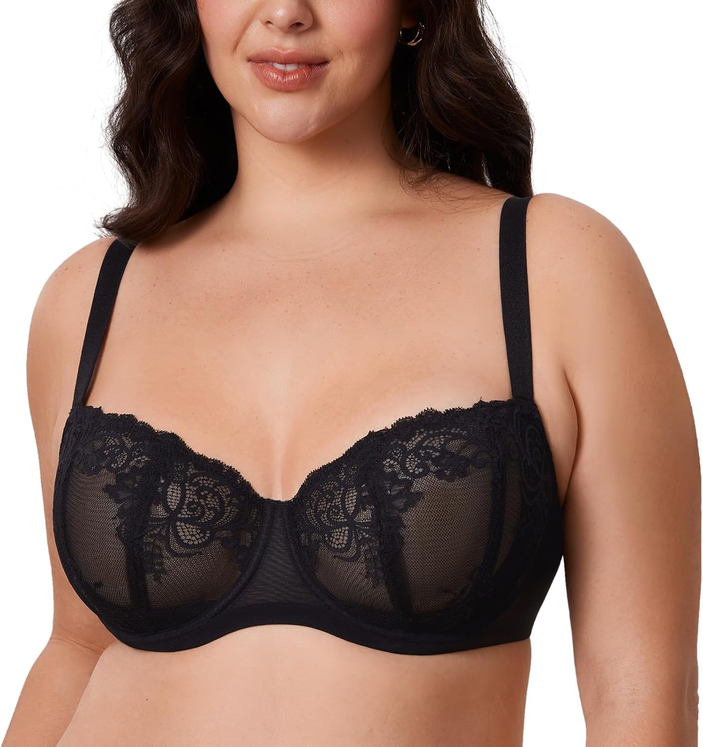 Women's Balconette Lace Bra Plus Size Sexy See Through Unlined Underwire Bras - Image 2