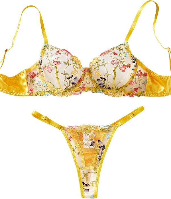 Sexy Floral Embroidered Mesh Women Underwire Push Up Lingerie Set