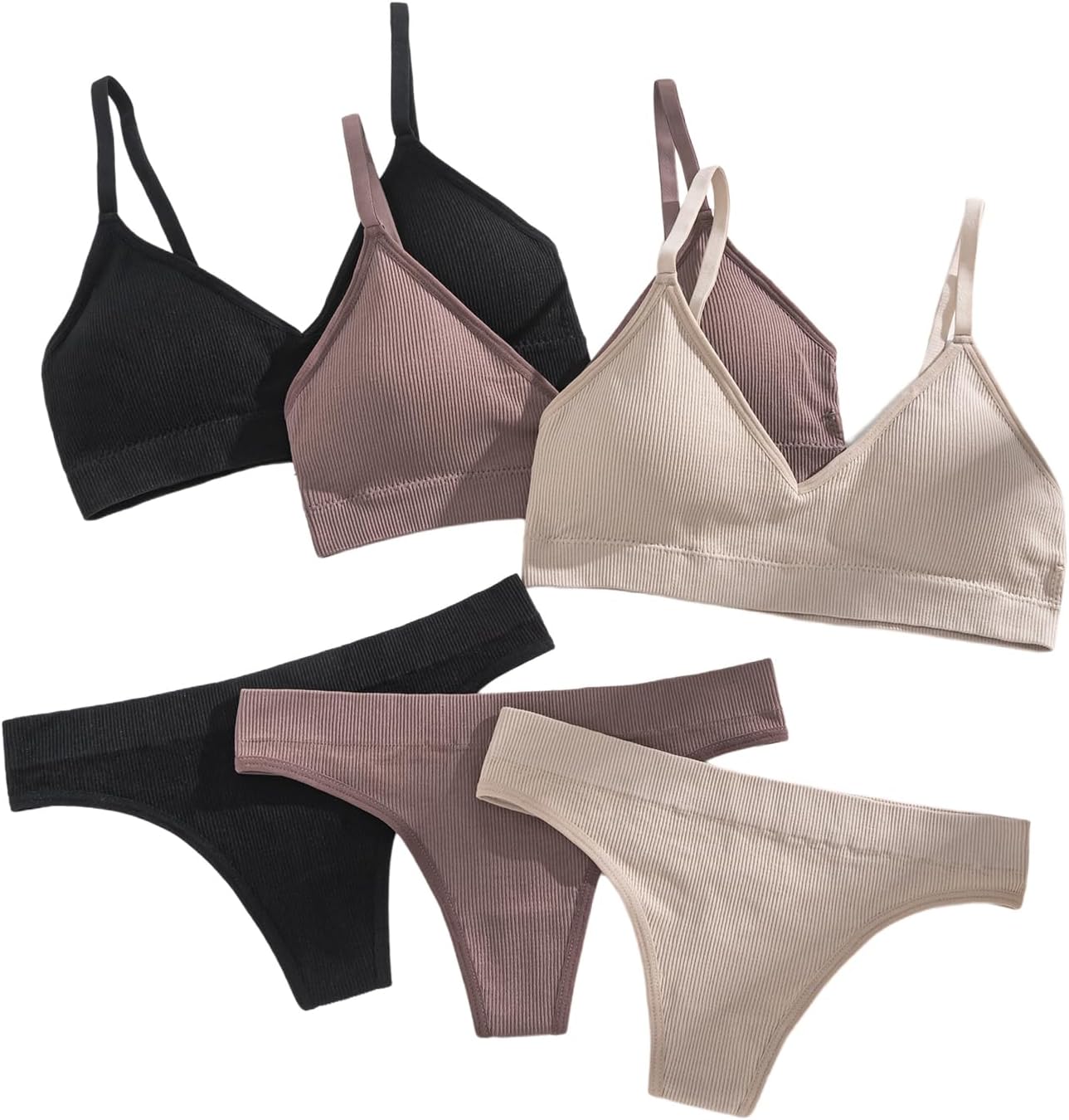 Women 6 Piece Ribbed Knit Lingerie Sets Seamless Wireless No Show Bra and Panty Thong Sets Matching Underwear Sets