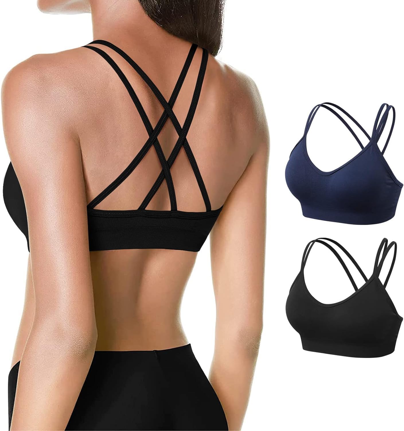 Women's Cross Back Sports Bra Padded Strappy Medium Support Yoga Bra for Workout Fitness 3 Pack