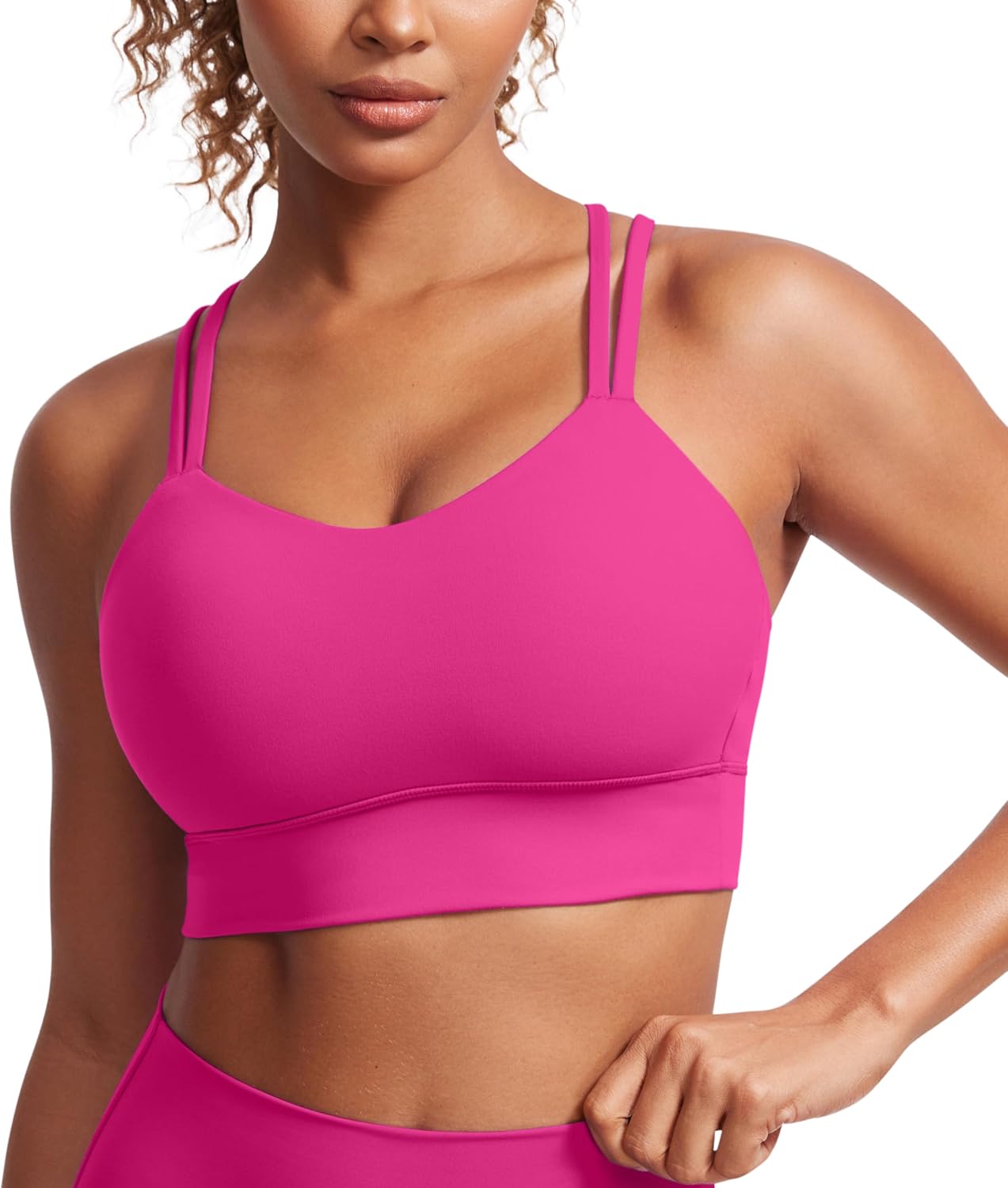 Womens  Strappy Longline Sports Bra - Molded Cup Double Spaghetti Strap Workout Bra Yoga Crop Tank Top