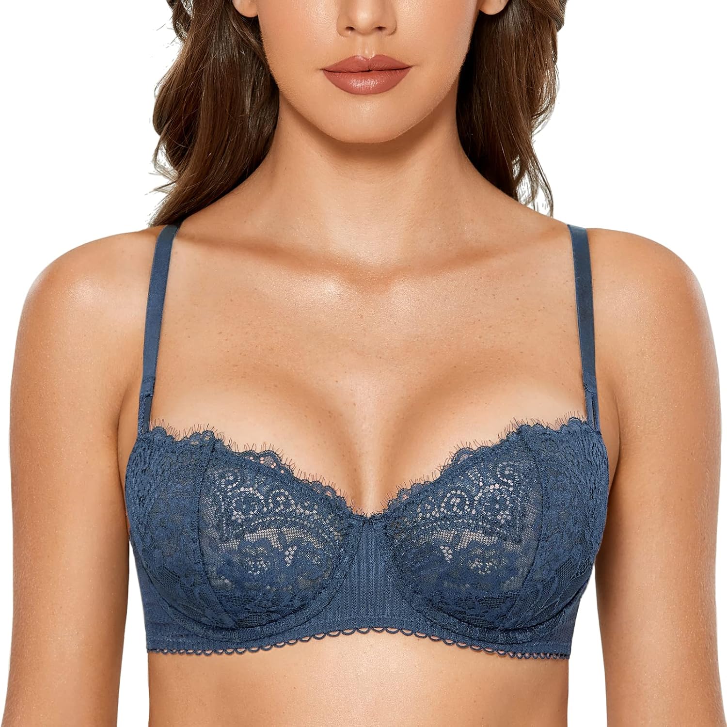 Women's Sexy Lace Push Up Plus Size Bra Sheer Balconette Underwire Unlined