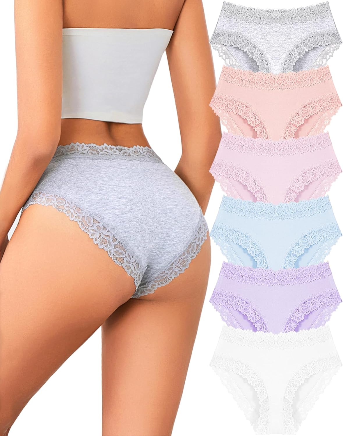 Womens Cotton Underwear Cheeky Bikini Panties for Women Sexy Lace Briefs Soft Stretch Underwear Pack 6