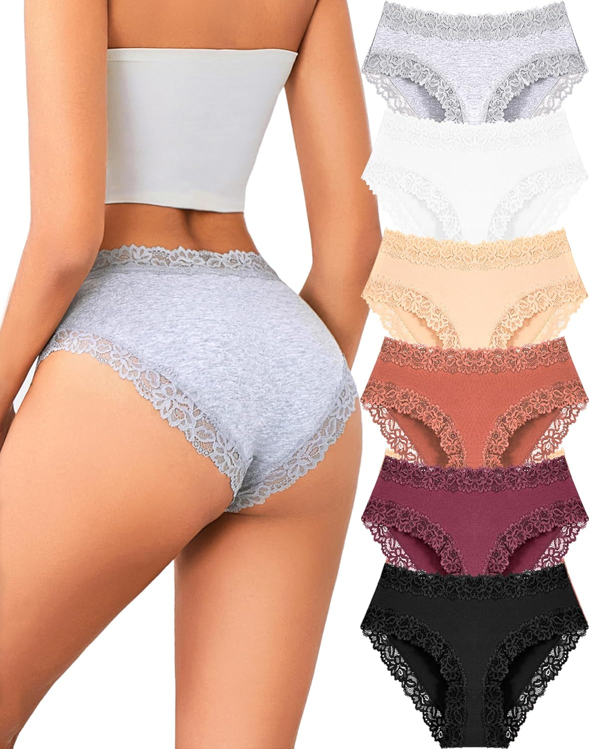 Womens Cotton Underwear Cheeky Bikini Panties for Women Sexy Lace Briefs Soft Stretch Underwear Pack 6