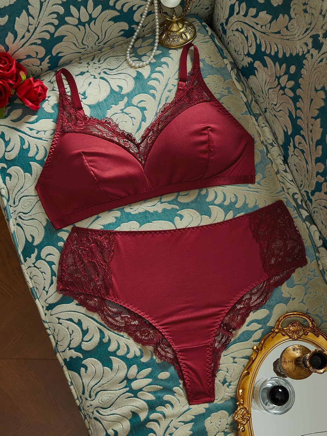 Women Plus Size Lingerie Set Deep V Wireless Bra and Panty Set Lace Boudoir Outfits 2 Piece - Image 2